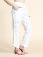 View an artisan-crafted white Chikankari Pant. Made from stretchable cotton lycra, comfortable ethnic bottom wear.