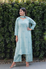 Frontal shot of an Alfiya Mul Mul Kurti Set, ideal for humid weather, with stylish Chikankari design.