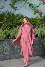 Front view of a model in a cool Alfiya Mul Mul Set, summer ethnic wear featuring Chikankari.