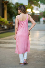 Back view of a pink Noora Noodle strap kurti, a lightweight ethnic tunic for daily wear.