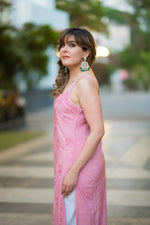 Side shot of a woman in a pink Noora Noodle strap kurti, showcasing summer ethnic wear.