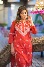 Full shot of a trendy Riwayat kurti with a vibrant print, highlighting modern Indian design.