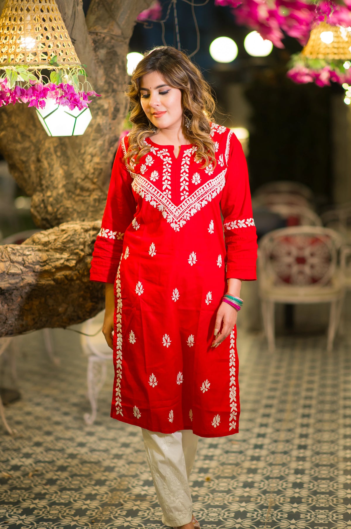 Beautiful pure red cotton kurta featuring traditional white Lucknowi Chikankari. A perfect summer collection item for women.