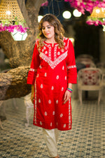 Beautiful pure red cotton kurta featuring traditional white Lucknowi Chikankari. A perfect summer collection item for women.