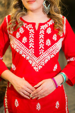 Close-up front view of a red Lucknowi Chikankari Kurta, a pure cotton kurta ideal for summer.
