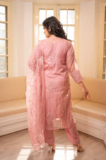 Back view Designer pink organza salwar kameez, embroidered with modern flair. View latest ethnic fashion.