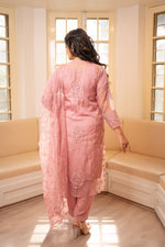 Back view Stylish pink organza salwar suit for ladies, detailed back embroidery. Ethnic wear, trending fashion.