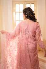 Back view Elegant onion pink embroidered organza dupatta. Latest ethnic fashion, organza suit set, popular.