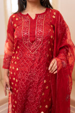 Close-up front red Organza kurta. View detailed embroidery, stunning organza material for ethnic fashion.