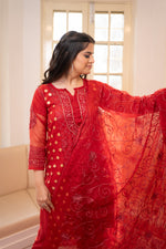 Close-up front Red Chikankari organza suit, latest design. View embroidered organza kurti, traditional Indian dress material.