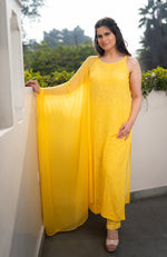 Close-up of fine Chikankari handwork on a Yellow viscose georgette chikankari kurti.