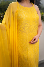 A bright Yellow Viscose Sleeveless Kurti, 46 inches long. Made from pure viscose fabric, perfect for summer.