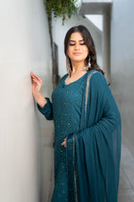 Detailed view of the Blue pure viscose fabric, showcasing its soft feel and breathable georgette material.