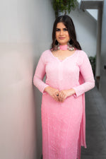 Pure viscose fabric of a Pink Viscose Set, highlighting breathable georgette and Chikankari work.
