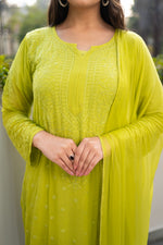 View an elegant georgette kurti, 46 inches long, with delicate Chikankari hand embroidery.