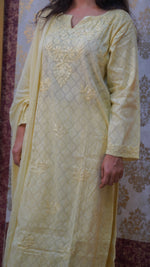 Full shot of a woman in a Hiba kurti set, authentic Lucknowi Chikankari on breathable cotton.