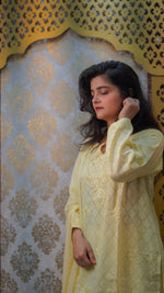 Side view of a Hiba kurti set, lightweight Cambric cotton ideal for summer Chikankari fashion.