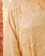 View the flowing georgette dupatta of a camel Viscose Pearl Chikankari Kurta Set. Elegant ethnic wear.