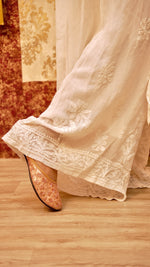 Close-up of the Chikankari embroidery on a viscose georgette palazzo. Comfortable bottom pants for women.
