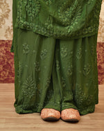 View the flowing georgette dupatta of a dark green 3D Chikankari Kurta Set.