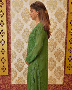 View a dark green Viscose 3D Chikankari Kurti, showcasing its unique hand-embroidered georgette fabric.