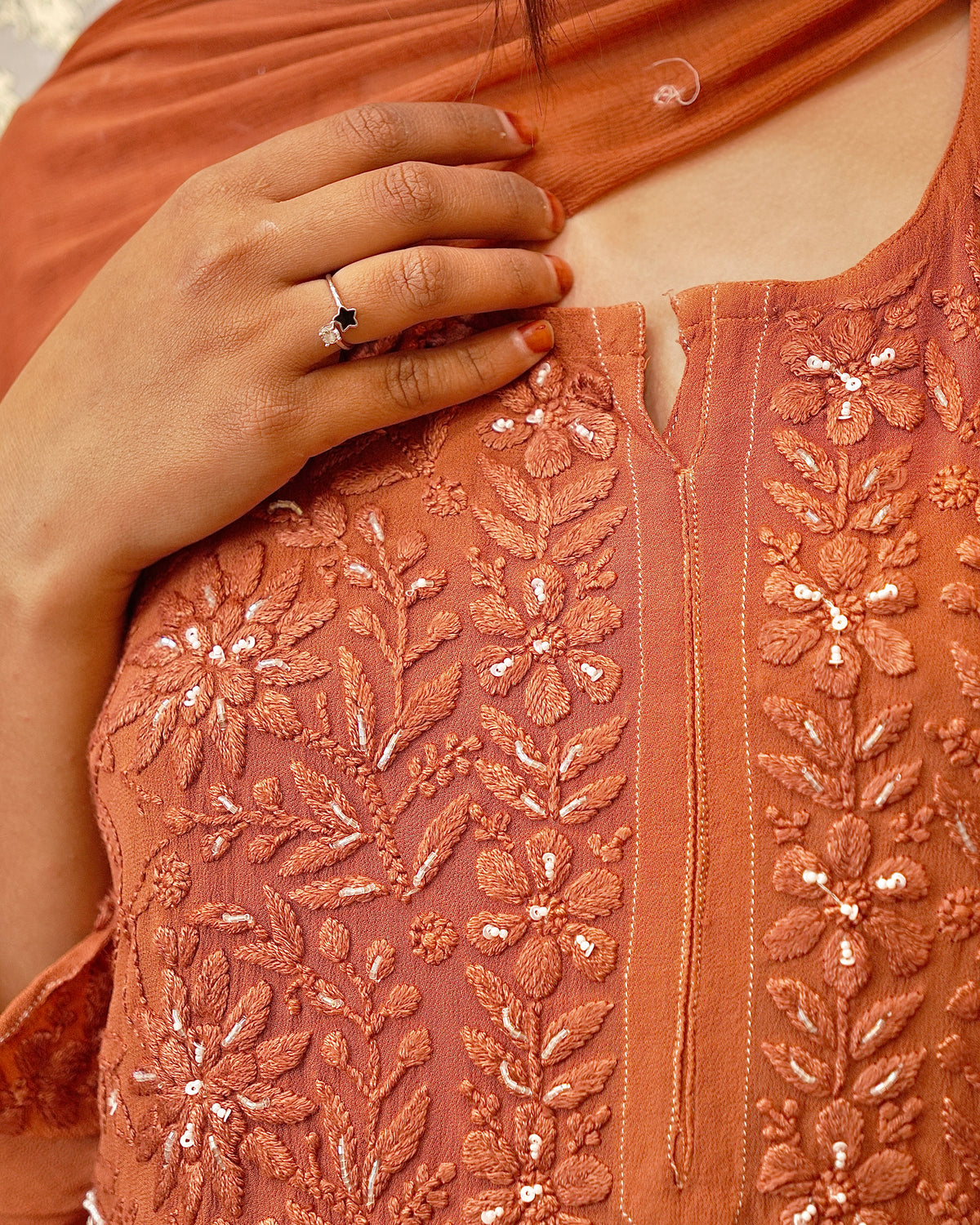 View the complete orange Viscose Designer Kurta Set, including the georgette kurti with Zardozi embroidery.
