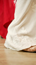 Close-up of a Lucknowi handwork palazzo, showing breathable rayon cotton fabric and comfortable fit.