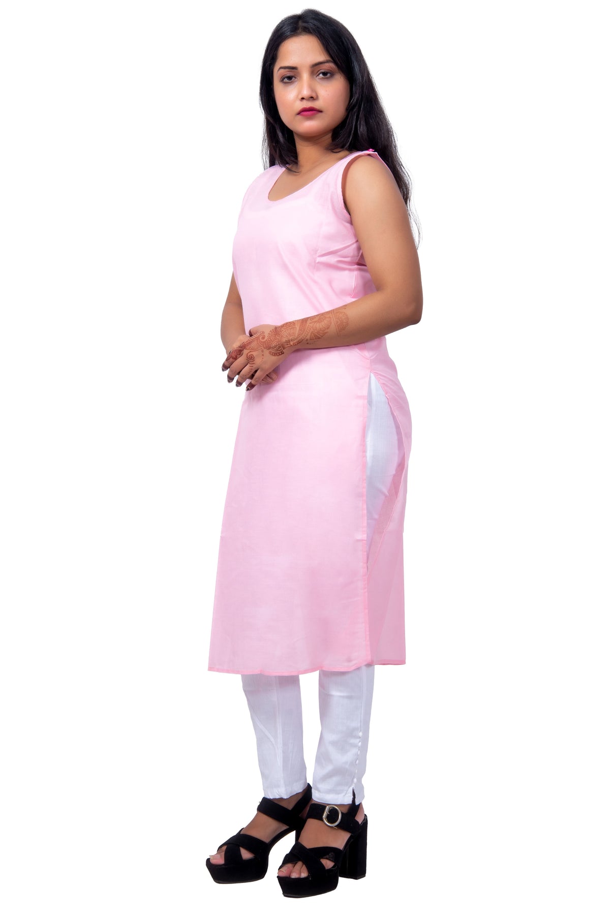 Side view of a baby-pink cotton inner for women. Essential ladies inner for kurtas.
