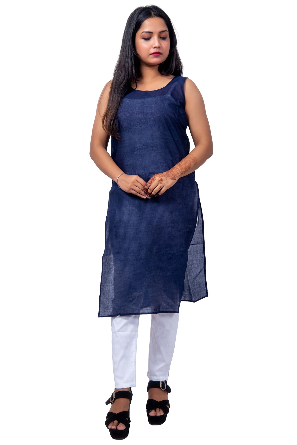 Women's blue cotton slip with sleeveless design – perfect for layering under kurtis and tops.