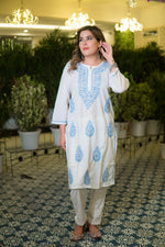 Traditional white embroidered chikankari kurta shown from the right side to highlight sleeve detailing.