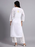 Back view of Woman wearing a white kurta with lemon embroidery on a gray background