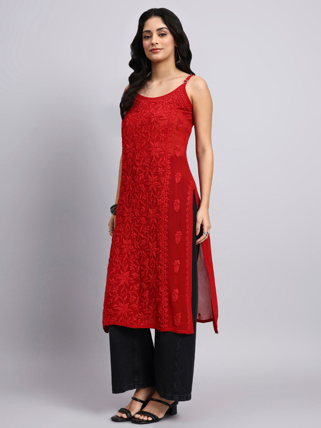 Naina Red Chikankari Kurti