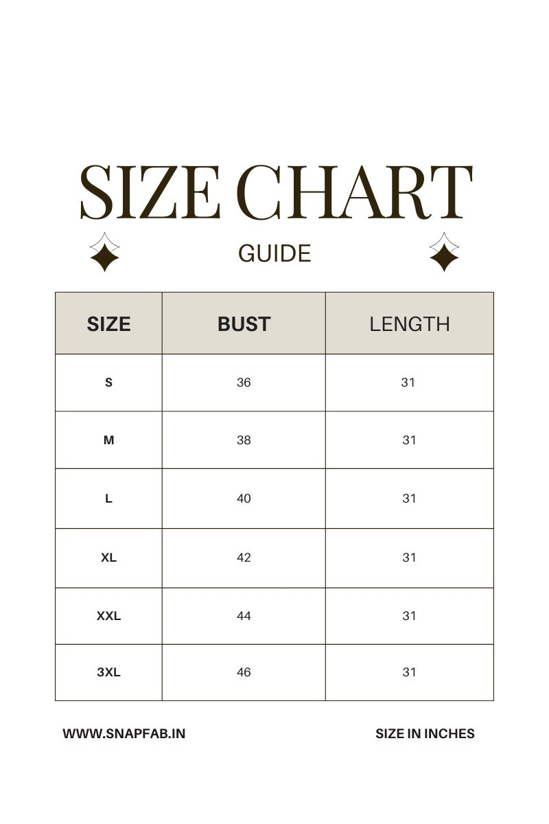 Snapfab kurta size chart guide showing bust and length measurements in inches.