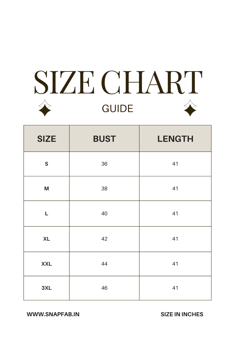 Size chart guide for clothing with bust and length measurements in inches.